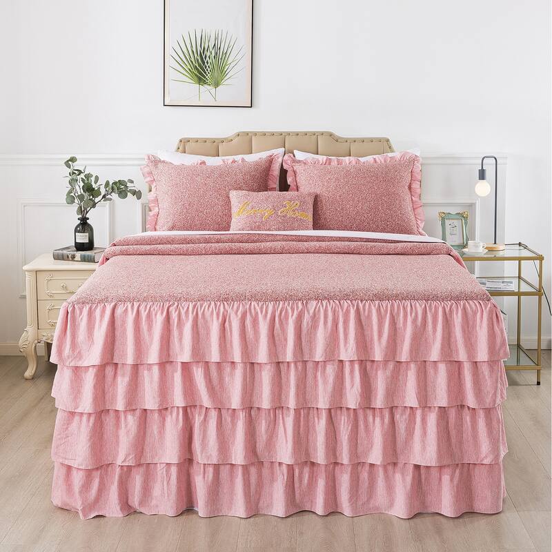 4 Piece Knit Ruffled Style Bed Skirt Coverlets Bedspreads - Red - King