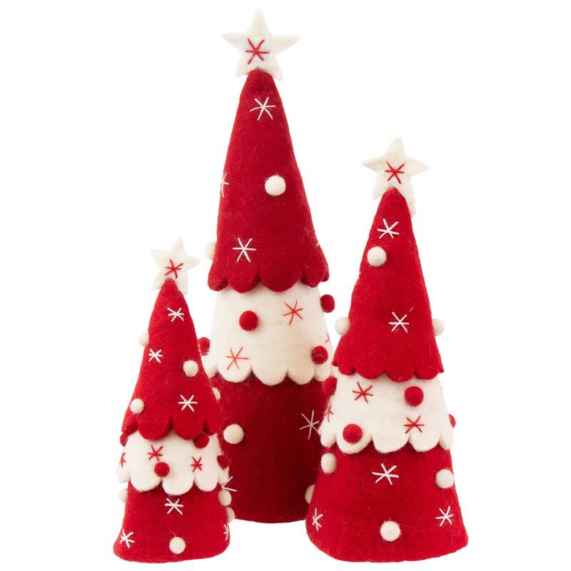 Handmade Felt Christmas Tree Topper or Tabletop Decor, Set of 3 Red - Red - Wool