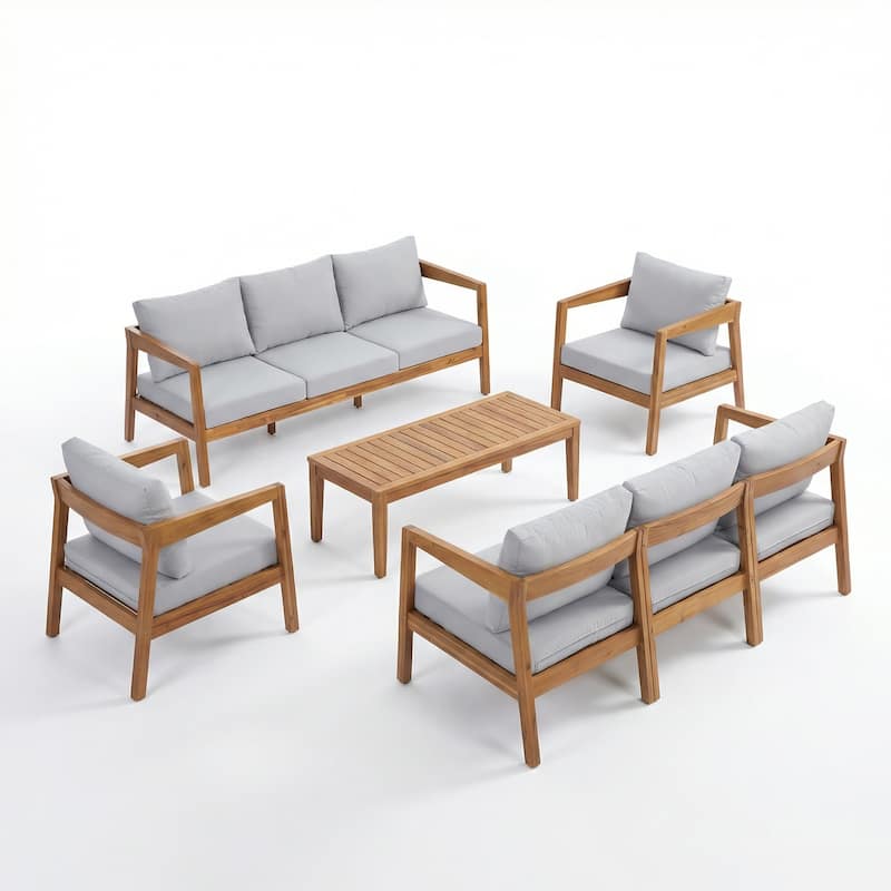 Christopher Knight Home - Outdoor 5-Piece Teak Finish Wood Patio Conversation Set with Cushions and Rectangle Table