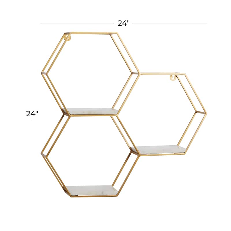 Metal Geometric Hexagon Wall Shelf with 3 Marble Shelves - Gold or Silver - Roche River Decor