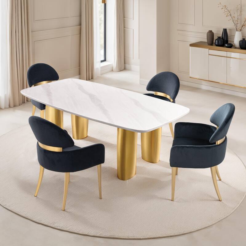 Furniture of America Luvien Modern 5-Piece Sintered Stone Top Dining Table Set - White Top with Black Chairs