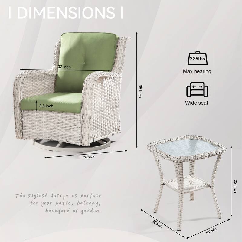 Cozywor 3-Piece Grey Wicker Patio Swivel Outdoor Rocking Chair Set