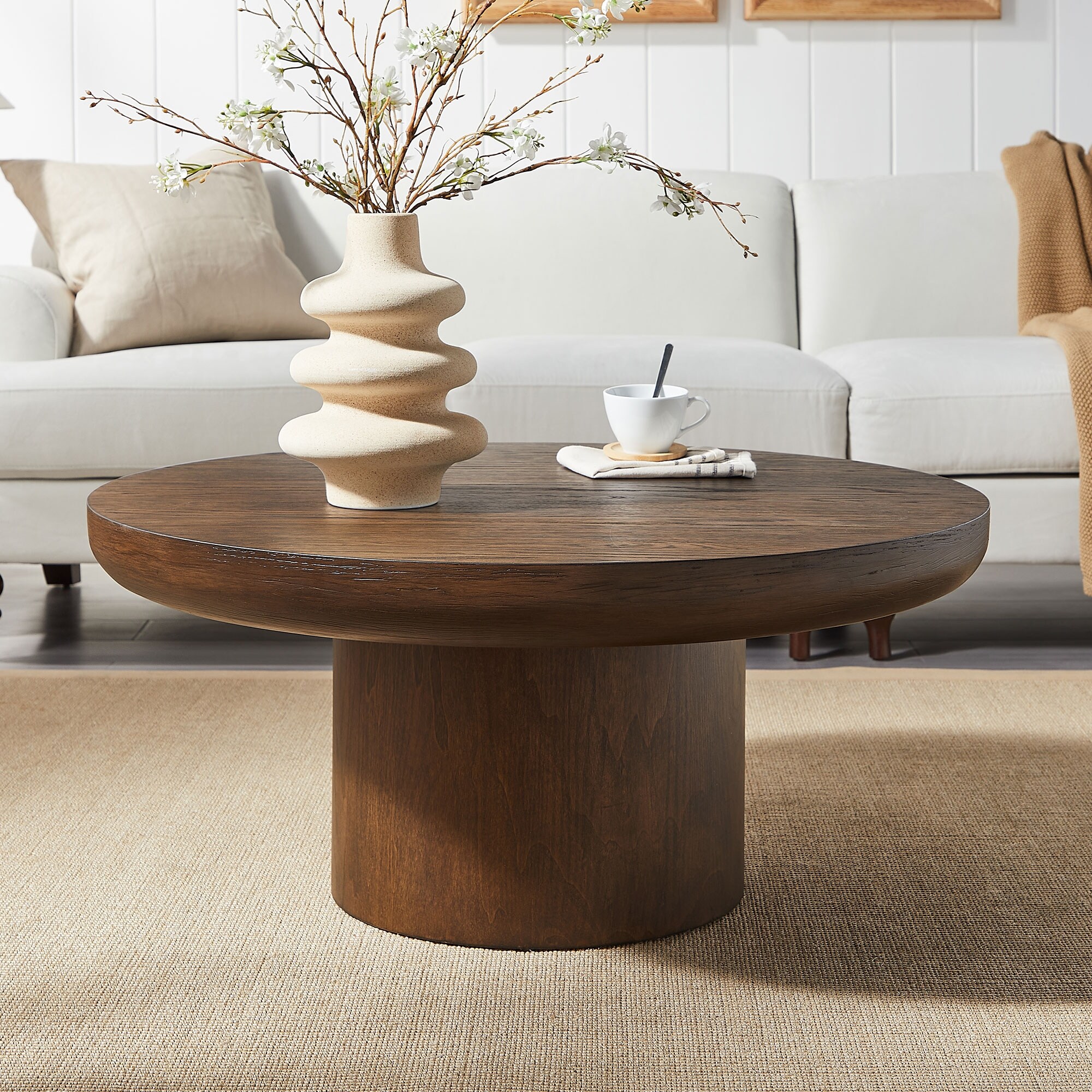 Modern Coffee Table Farmhouse Round Coffee Table Sofa Side Table with Wood Veneer Design, for Living Room‌