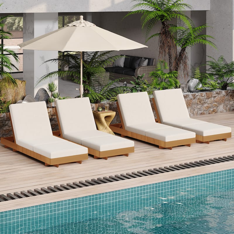 Christopher Knight Home - Kim Lounge Chaise Modern Outdoor Solid Wood Set with Triple-Fold Lounge Cushion - Cream + Set of 4 + Triple Folds