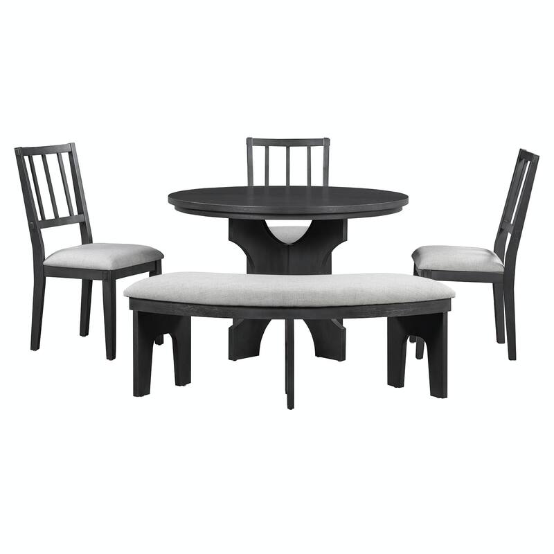 5-Piece Rustic Charm Round Dining Set - 3 Upholstered Chairs with Curved Bench