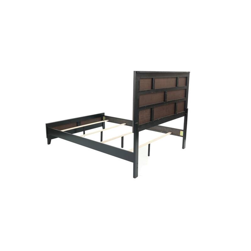 Contemporary Queen Panel Bed with Box Design Headboard, Rubberwood Frame, and Modern Transitional Style