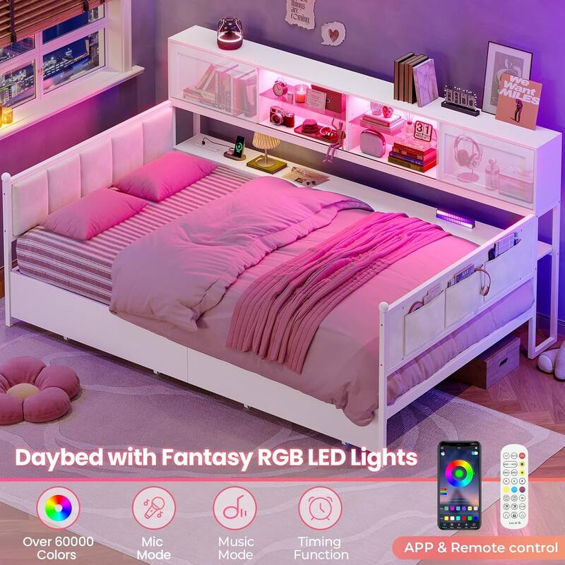Loft Bed L Shaped Desk Daybed Power Outlet LED Light Drawers Shelves
