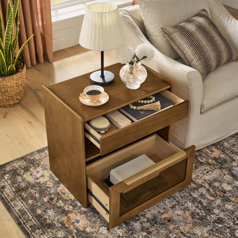 Mid Century Modern 2-Drawer Nightstand with Charging Station and Open Shelf for Bedroom Storage and Convenience