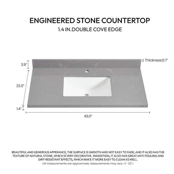 dimension image slide 12 of 22, Malaga Composite Stone Vanity Top with White Rectangular Sink