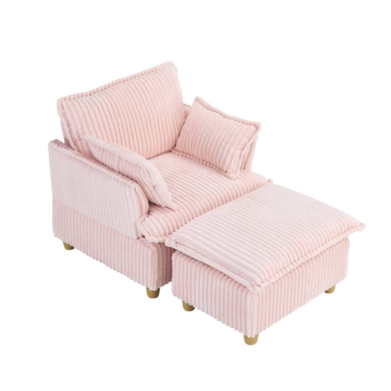 Single Sofa with Ottoman, Comfy Corduroy Upholstered Armchair, Lounge Chair with Throw Pillows for Living Room, Balcony