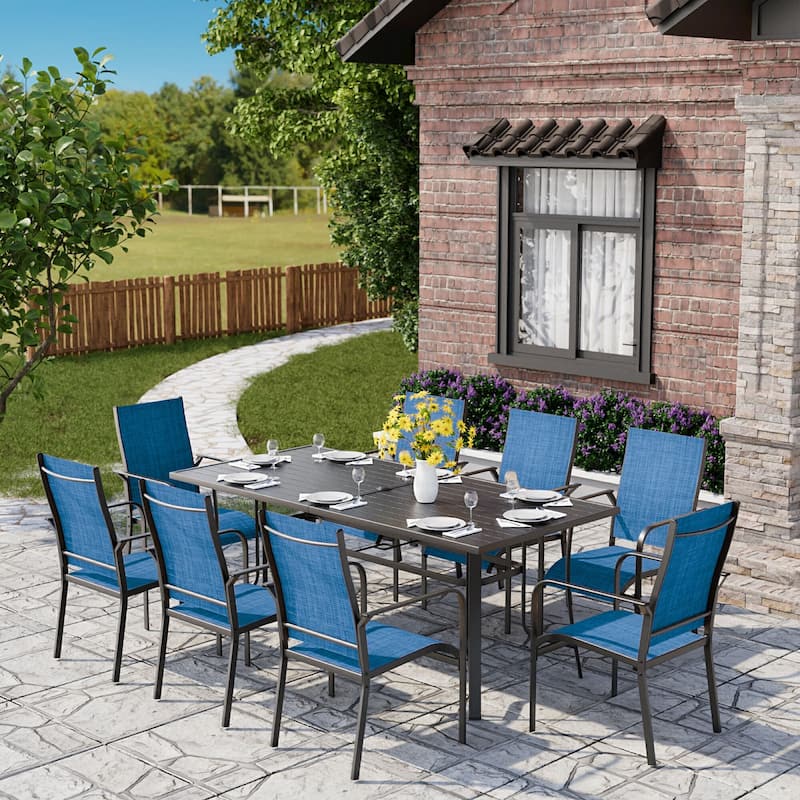 5/7/9-Piece Outdoor Patio Dining Set with Stackable Textilene Chairs and Slatted Table, Furniture with Adjustable Umbrella Hole - 9 Piece - Blue