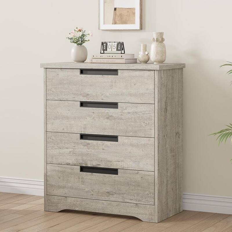 4 Drawer Dresser for Bedroom, Black Chest of Drawers with Embedded Handles Design, Wooden Dresser Organizer for Living Room - Grey