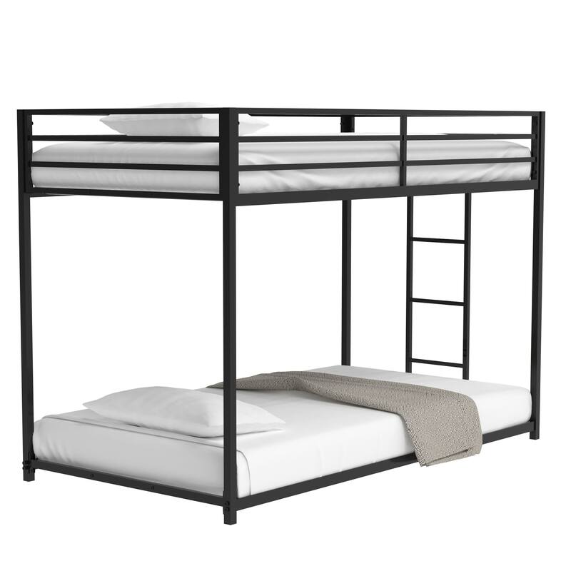 Durable Twin Over Twin Bunk Bed, Low Profile Metal Frame with Ladder & Guardrails for Bedroom, Kids & Adults