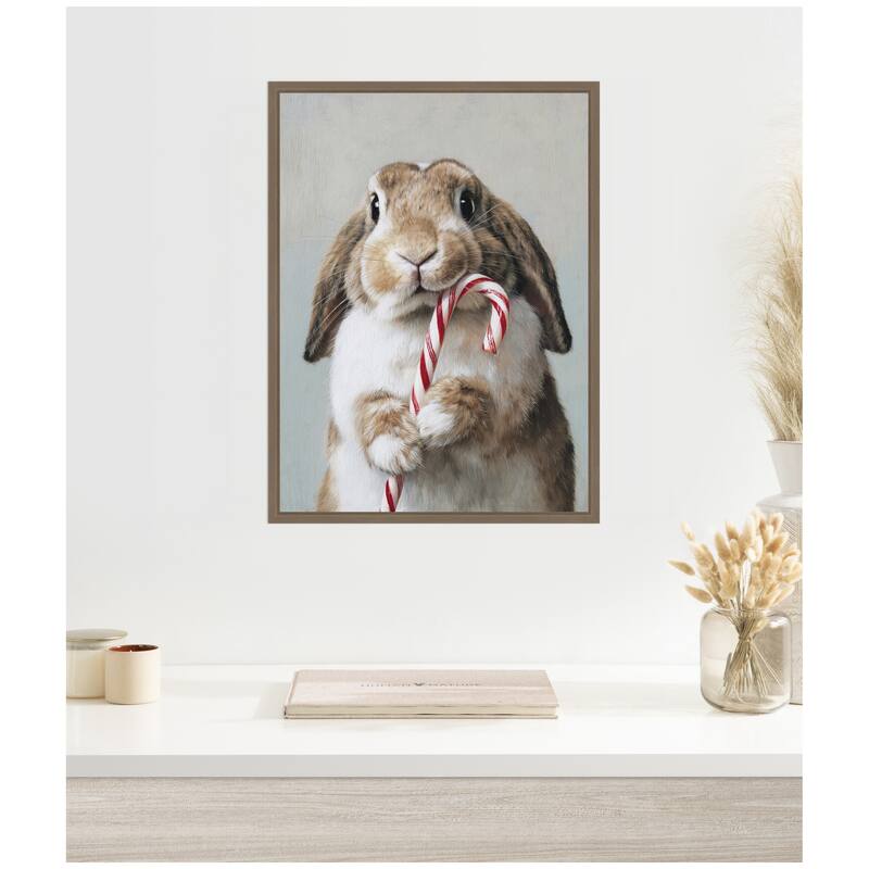 Kate and Laurel Sylvie Framed Canvas Cute Bunny Candy Cane by The Creative Bunch Studio