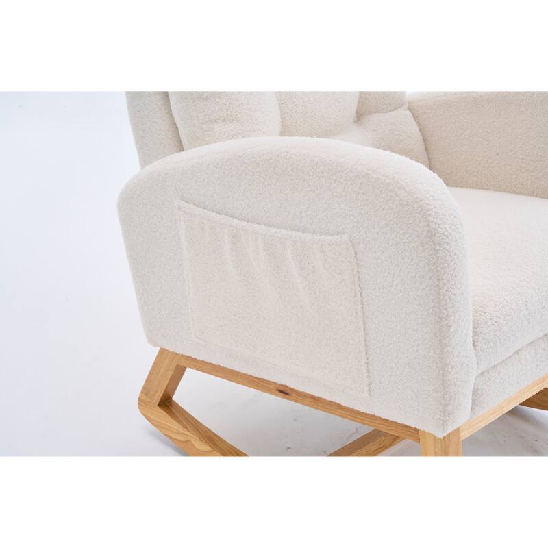 Rocking Chair with Footrest, Cream White High-Back Rocker, Rubber Wood Lounge Chair, 38.36"W x 26.77"D x 39.76"H