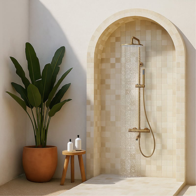 Height Adjustable Thermostatic Shower System with Tub Spout, 10" Rain Shower Head, Hand Shower, Brass Valve