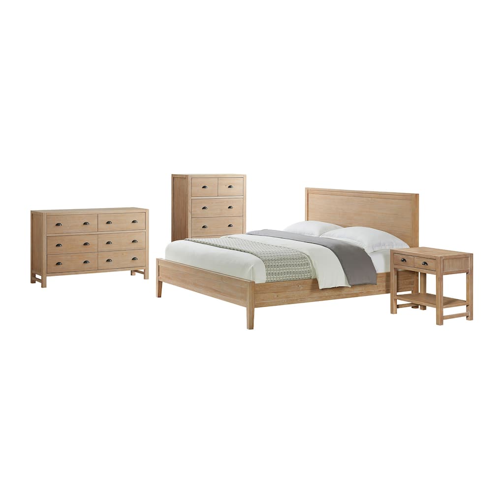 Arden 4-Piece Bedroom Set with King Bed, 2-Drawer Nightstand with Open Shelf, 5-Drawer Chest, 6-Drawer Dresser