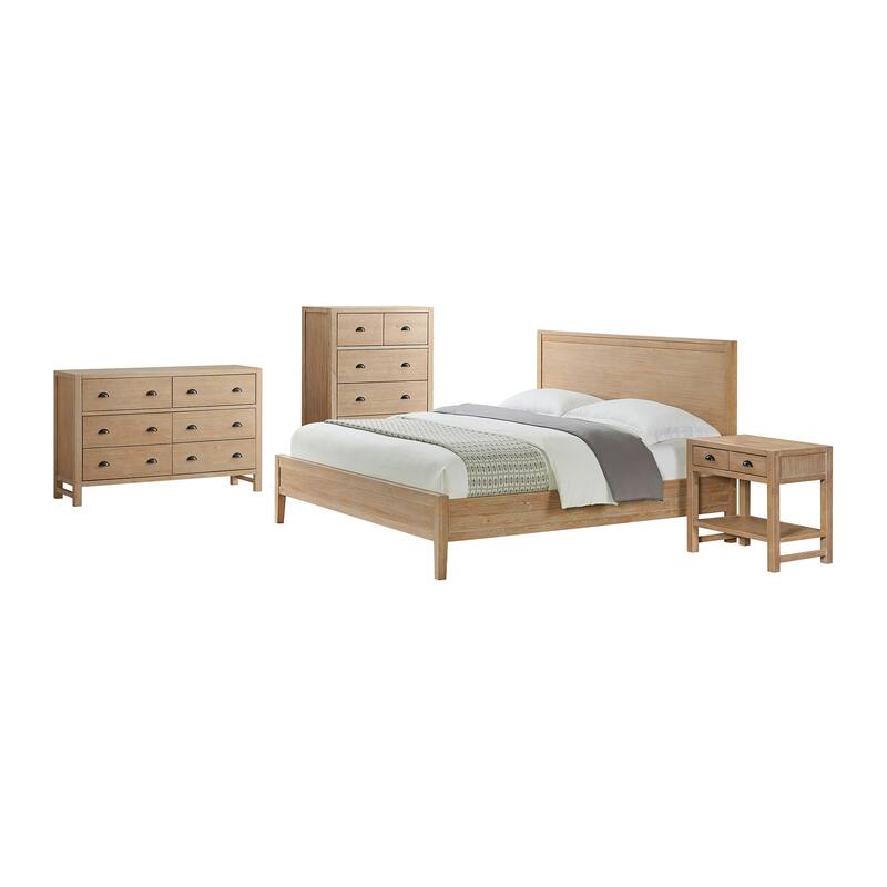 Arden 4-Piece Bedroom Set with King Bed, 2-Drawer Nightstand with Open Shelf, 5-Drawer Chest, 6-Drawer Dresser