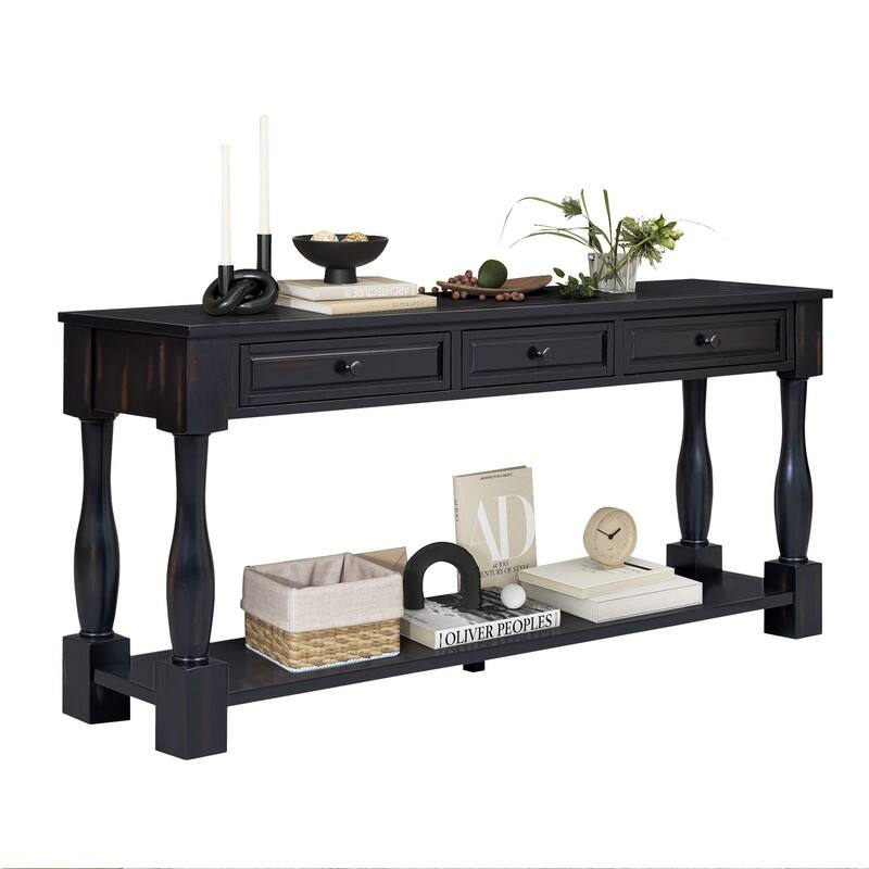 63"Long Console Table with 3 Drawers and Shelf for Entryway and Living Room in Mediterranean Design