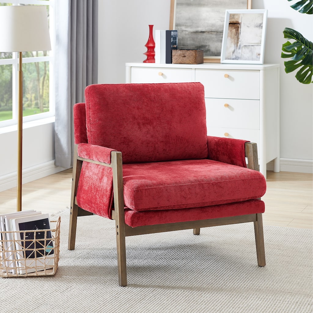 Red Mid-Century Modern 35.4" Velvet Arm Chair with Solid Rubber Wood Frame and Padded Feet