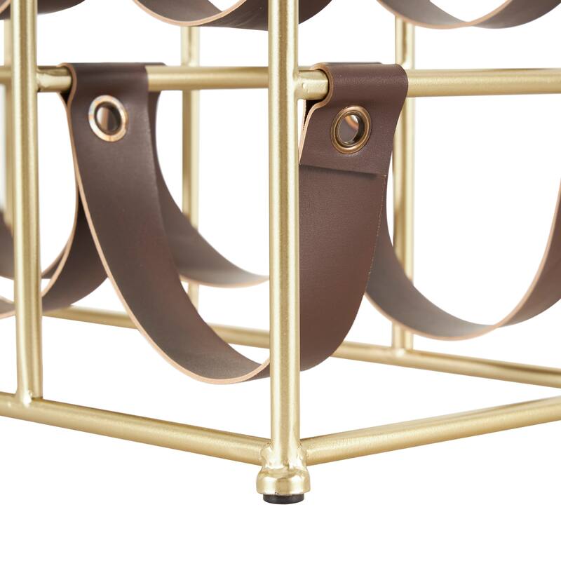 Gold Metal Wine Rack with Faux Leather Holding Straps