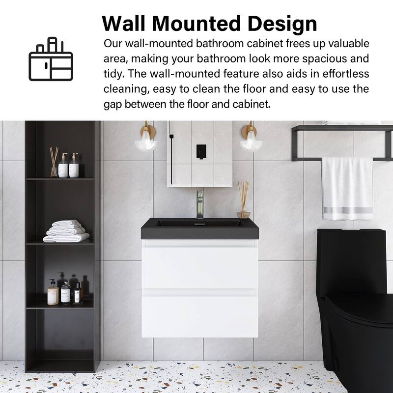 24/30/36 inch Wall-Mounted Bathroom Vanity Set in White with Integrated Black Resin Sink