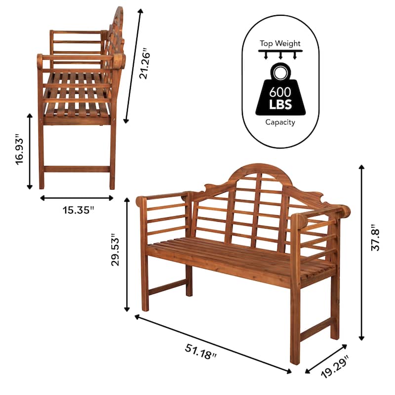 Apollo 51.2" 3-Seat Arched 600-Lbs Support Acacia Wood Outdoor Garden Patio Bench, by JONATHAN Y