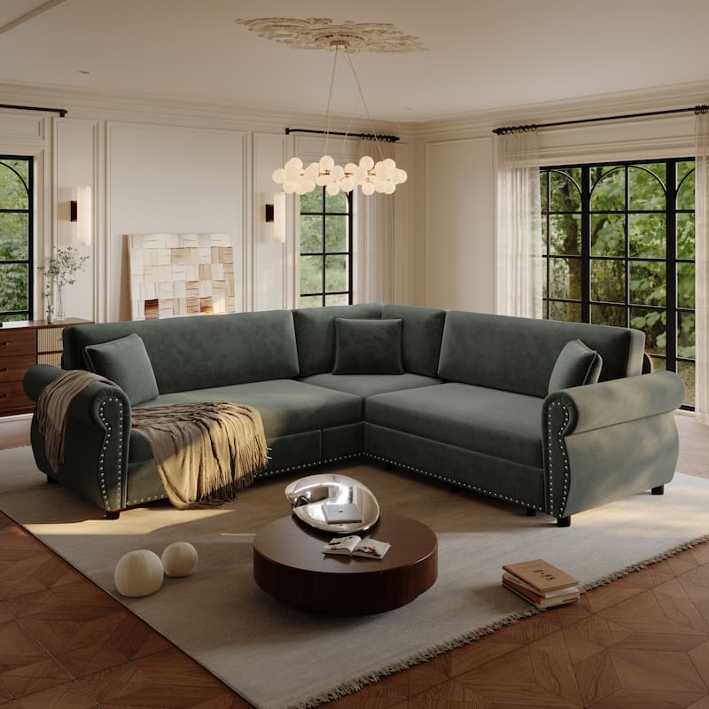 88.2" L-Shaped Sleeper Sectional Sofa with Pull-Out Bed - Chenille Convertible Couch, Nailhead Trim, for Living Room