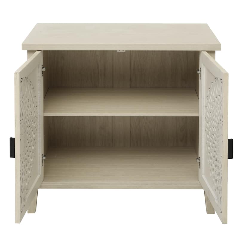 Roomfitters Hollow Carved 2 Door Accent Cabinet, Wood Sideboard Buffet Storage Cabinet with Adjustable Shelf, Natural