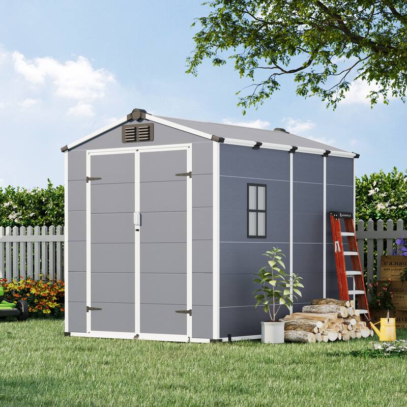 EROMMY Outdoor Storage Shed with Built-In Floor, Lockable Double Doors & Sloped Roof, Gray/Black