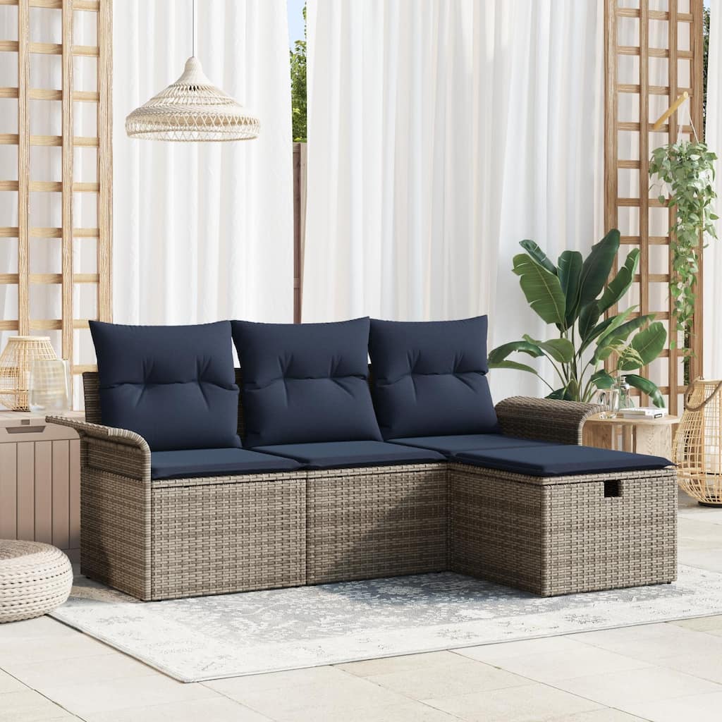 vidaXL 4 Piece Garden Sofa Set with Cushions Grey Poly Rattan - 77.2 x 46.1 x 27.2