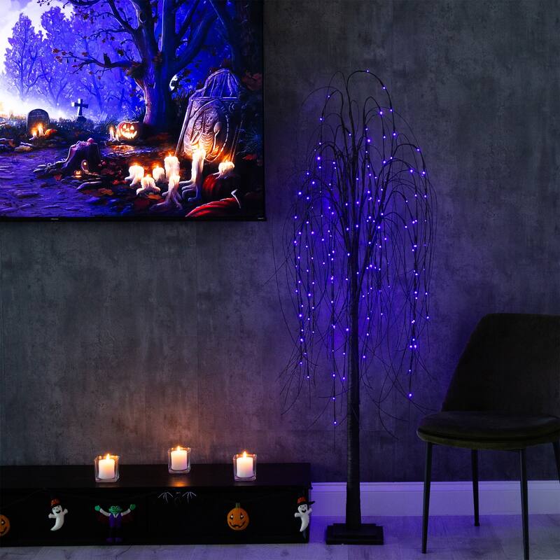 Pre-Lit Artificial Black Willow Halloween Tree - 6' - Dual Color LED Lights - 3-to-6-feet