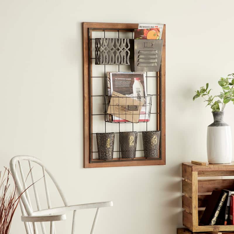 Metal 1 Slot and 5 Baskets Magazine Rack Holder with Suspended Baskets and Label Slot - Brown - Roche River Decor