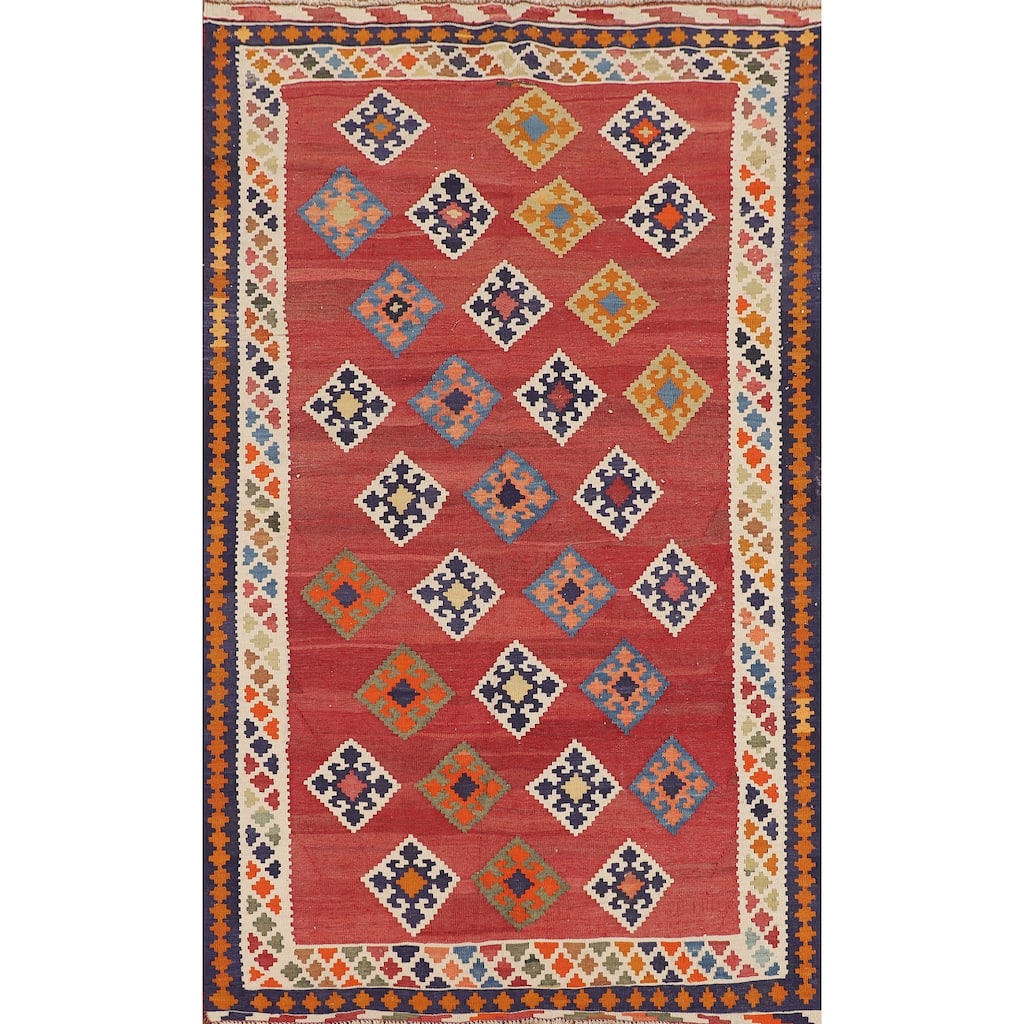 Kilim Qashqai Persian Vintage Rug Flatweave Bedroom Red Wool Carpet - 4'2"x 7'2"