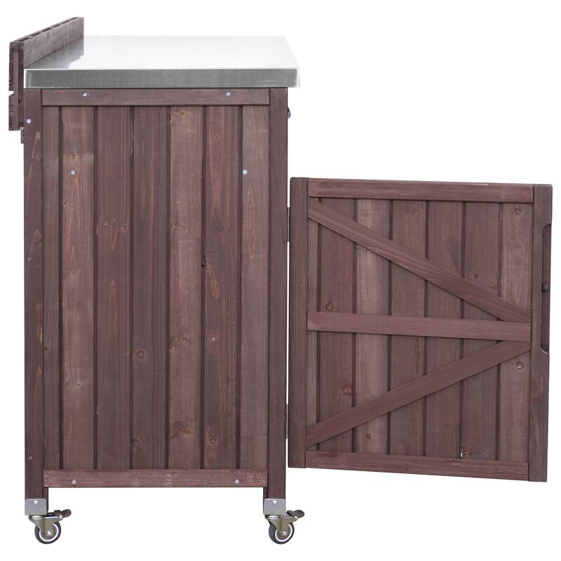 39.4" Outdoor Kitchen Island on Wheels with Stainless Table Top, Outdoor Kitchen Cabinet with Adjustable Shelves