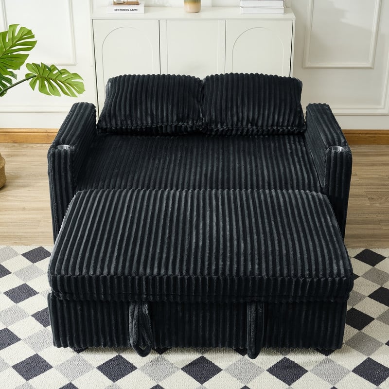 Corduroy Sleeper Sofa w/ USB Ports, Convertible Pull-Out Sofa Bed, Modern Sleeper Couch Loveseat w/ 2 Pillows & Pocket