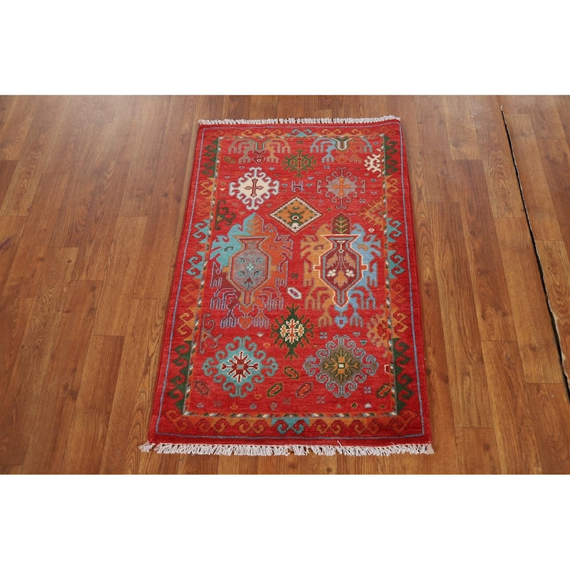 Geometric Red Kazak Oriental Foyer Rug Handmade Wool Carpet - 2'0"x 3'0"