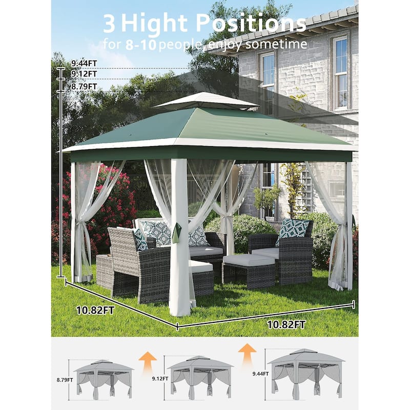 10.82'x10.82' Pop-Up Gazebo, Enhanced Frame and Mosquito Netting - 11*11Ft