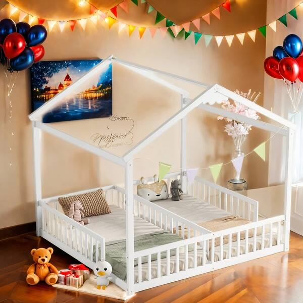 slide 2 of 30, Double Twin Size House-Style Floor Bed with Fence and Guardrails without Door