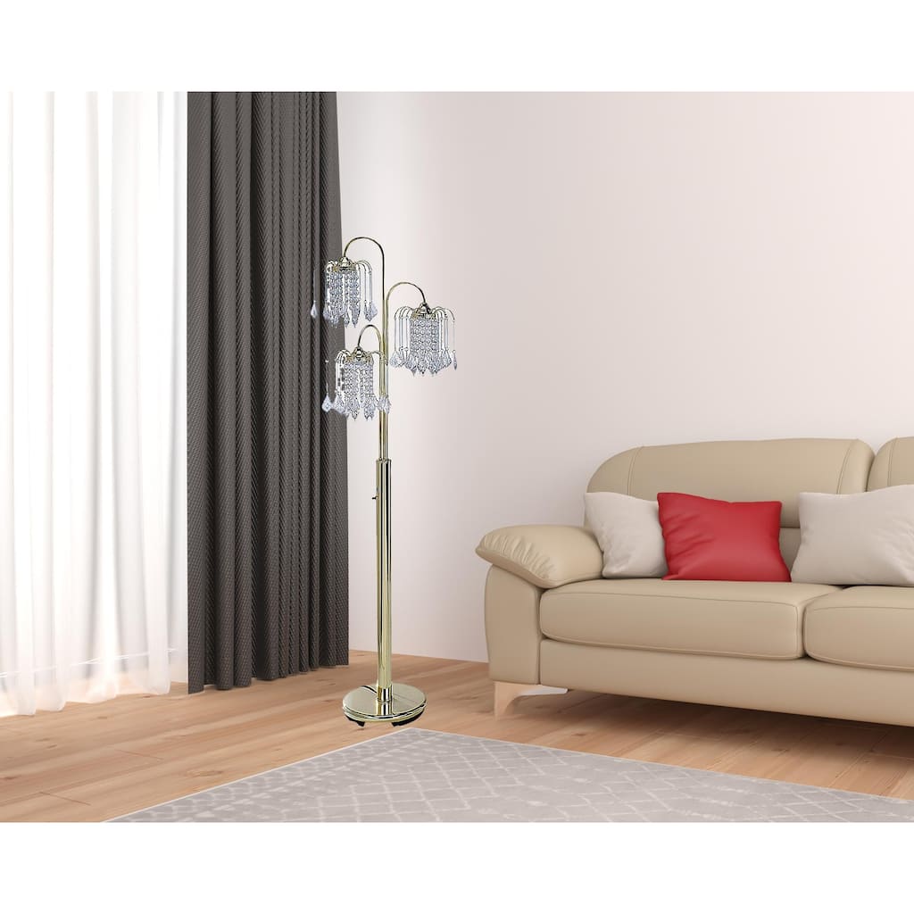 HomeRoots 63" Gold Three Lights Candelabra Floor Lamp With Clear Faux Crystal Shades - 66 X 19 X 19
