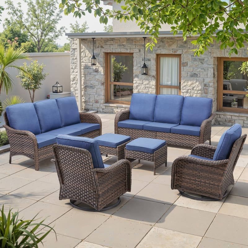 Cavira 6-Piece Outdoor Patio Brown Wicker Sofa Set with Olefin Cushions - Navy Blue Cushions - Brown Wicker
