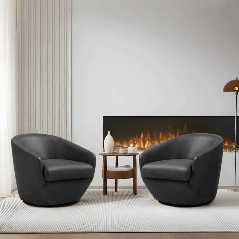 2 Set Vegan Leather Armchair Barrel Swivel Accent Chairs
