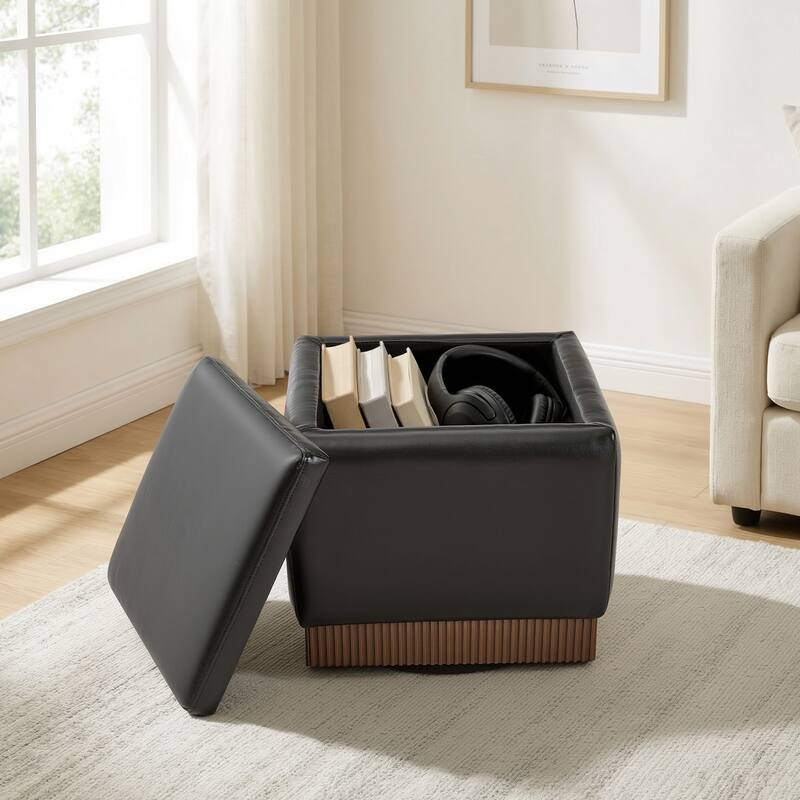 Swivel Storage Ottoman Bench Footstool with Flip-top and Acacia Solid Wood Frame, Fully Assembled
