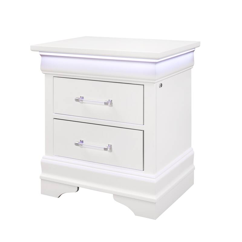 White Nightstand with LED Lighting and Spacious Drawers