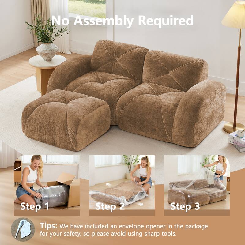 L-shaped Boneless Sofa, Soft Velvet Fabric, Tufted Design, 32D High Density Sponge, No Assembly Required