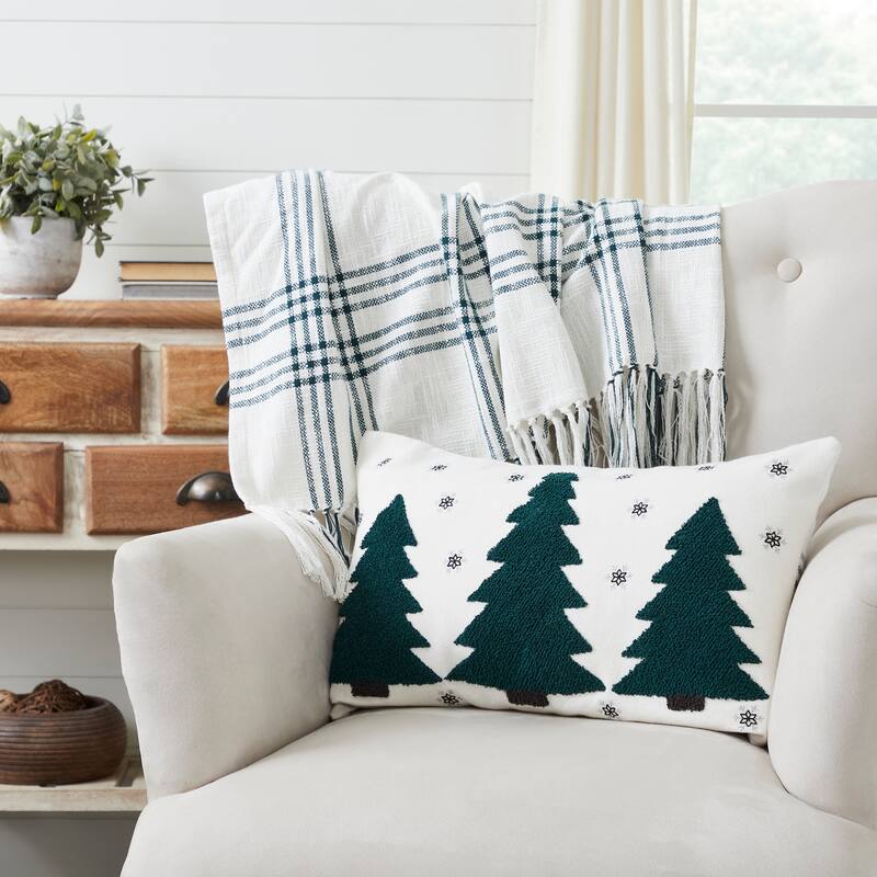 Pine Grove Plaid Embroidered Trees Pillow 14x22 - Accent - Specialty - Polyester - Green - Single