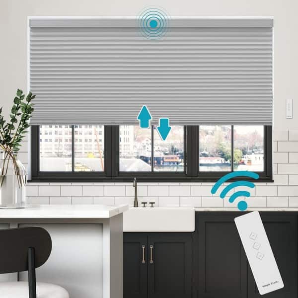 slide 2 of 9, BlindsAvenue Motorized Cellular Shade, Remote Control, Blackout Gray 20" W x 48" H - Gray Standard