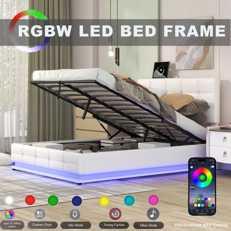 Tufted Platform Bed with Hydraulic Storage System, LED Lights and USB Charger