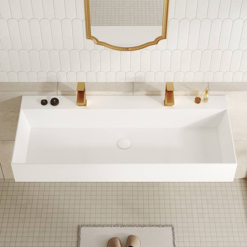 Solid Surface Wall-Mounted Rectangular Bathroom Sink with Pop-Up Drain, Modern Floating Wash Basin with Center Drain