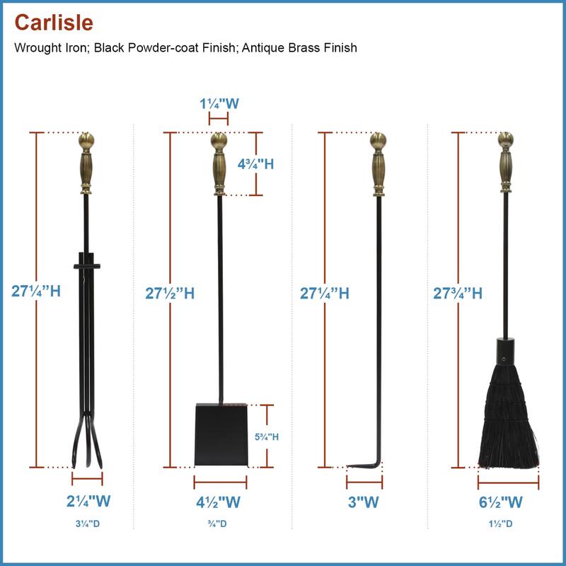 Achla Designs Carlisle Fireplace Set of 4 Tools, 30.5 Inch Tall, Antique Brass and Black